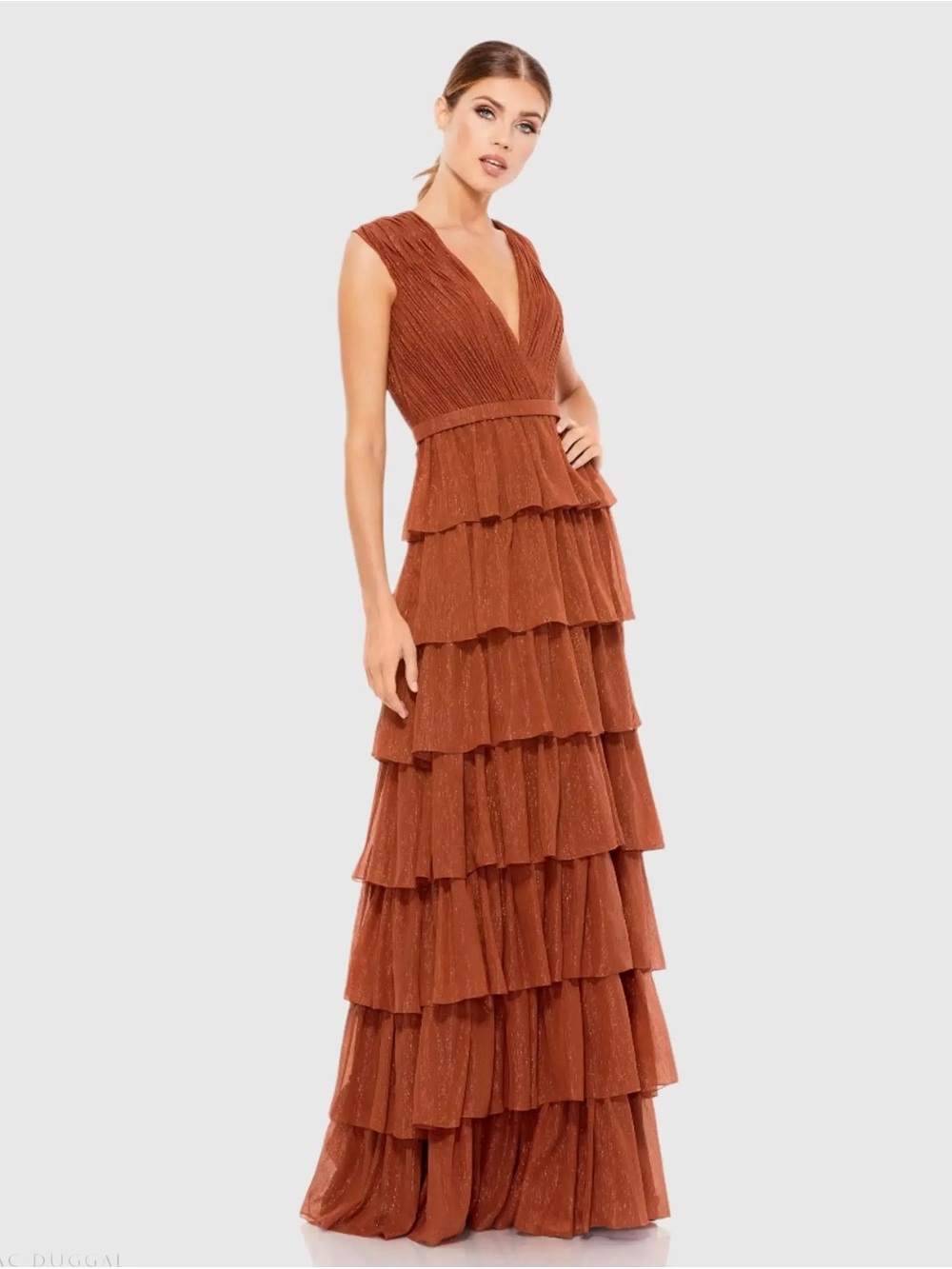 Mac Duggal Rust Tiered Ruffle V-Neck Evening Gown